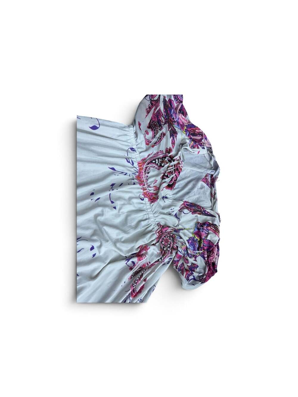 Unbranded White Multi Color Paisley Print Shirred Short Sleeve Dress